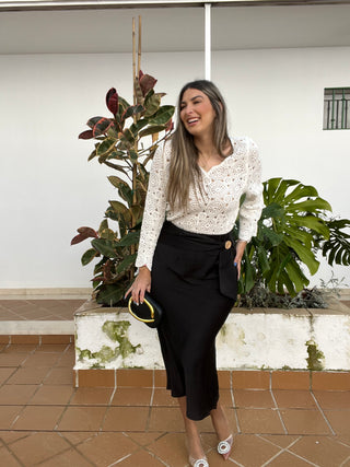 FALDA MIDI SATINADA BROCHE