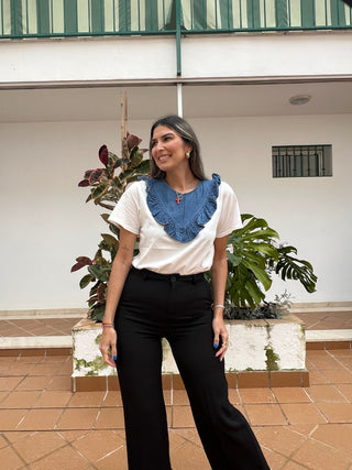 CAMISETA COMBINADA DENIM VOLANTE